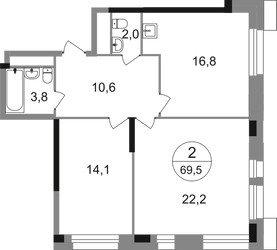 Планировка двухкомнатной(квартира) площадью 69.5 квадратных метров в ЖК “ЖК Первый Московский”