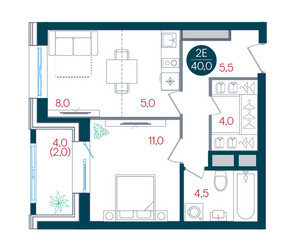 Планировка двухкомнатной(квартира) площадью 40 квадратных метров в ЖК “ЖК РУСИЧ-Кантемировский”