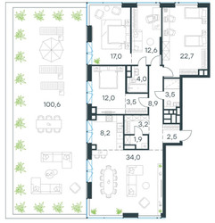 Планировка 4+ комнатной(квартира) площадью 134 квадратных метров в ЖК “ЖК Level Причальный (Левел Причальный)”