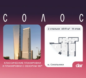 Планировка двухкомнатной(квартира) площадью 69.91 квадратных метров в ЖК “ЖК Солос”