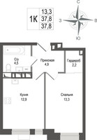 Планировка однокомнатной(квартира) площадью 37.8 квадратных метров в “ЖК КИНОКВАРТАЛ”