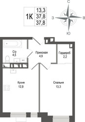 Планировка однокомнатной(квартира) площадью 37.8 квадратных метров в ЖК “ЖК КИНОКВАРТАЛ”