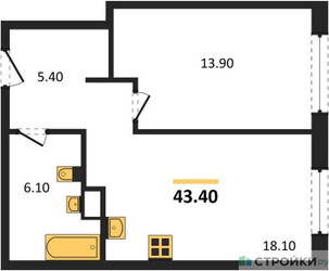 Планировка однокомнатной(квартира) площадью 43.4 квадратных метров в ЖК “ЖК Сиреневый парк”