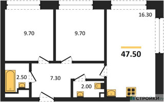 Планировка двухкомнатной(квартира) площадью 47.5 квадратных метров в “ЖК Вейв”