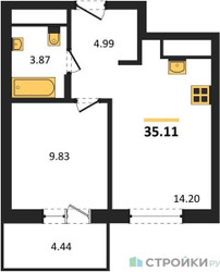 Планировка однокомнатной(квартира) площадью 35.11 квадратных метров в ЖК “ЖК ВОСТОК II”