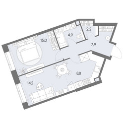 Планировка двухкомнатной(квартира) площадью 53 квадратных метров в ЖК “ЖК Родина Переделкино”