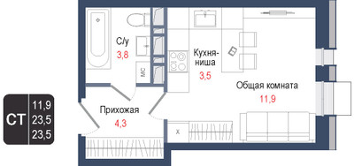 Планировка студии(квартира) площадью 23.5 квадратных метров в “ЖК КИНОКВАРТАЛ”