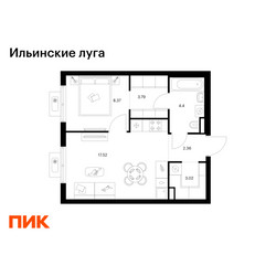 Планировка однокомнатной(квартира) площадью 39.46 квадратных метров в ЖК “ЖК Ильинские луга”