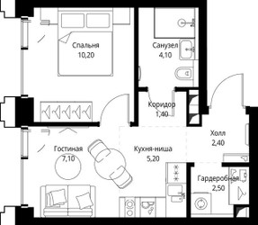 Планировка однокомнатной(квартира) площадью 33.3 квадратных метров в ЖК “ЖК СЕТ”