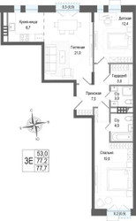 Планировка трехкомнатной(квартира) площадью 77.2 квадратных метров в ЖК “ЖК КИНОКВАРТАЛ”