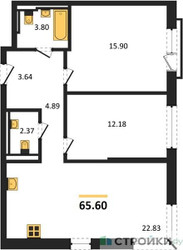 Планировка двухкомнатной(квартира) площадью 65.6 квадратных метров в ЖК “ЖК Квартал Герцена”