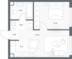Планировка однокомнатной(квартира) площадью 42.64 квадратных метров в “ЖК TATE (Тэйт)”