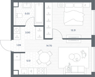 Планировка однокомнатной(квартира) площадью 42.64 квадратных метров в ЖК “ЖК TATE (Тэйт)”