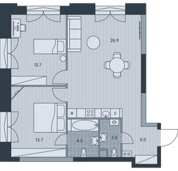 Планировка трехкомнатной(квартира) площадью 66.1 квадратных метров в ЖК “ЖК Ever (Эвер)”