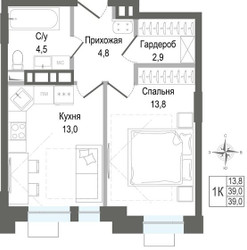 Планировка однокомнатной(квартира) площадью 39 квадратных метров в ЖК “ЖК КИНОКВАРТАЛ”