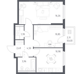 Планировка двухкомнатной(квартира) площадью 51.45 квадратных метров в ЖК “ЖК Пригород Лесное”