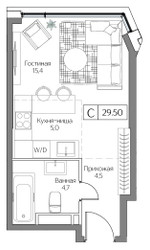 Планировка студии(квартира) площадью 29 квадратных метров в ЖК “ЖК Dream Riva (Дрим Рива)”