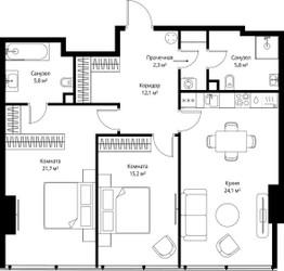 Планировка двухкомнатной(квартира) площадью 87 квадратных метров в ЖК “ЖК ОНЕ”