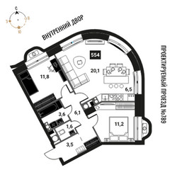 Планировка трехкомнатной(квартира) площадью 64.4 квадратных метров в ЖК “ЖК Интеллигент”