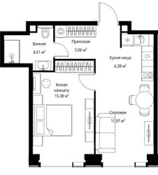 Планировка однокомнатной(квартира) площадью 43.3 квадратных метров в ЖК “Мультиквартал СИТИДЗЕН”