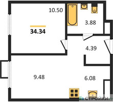 Планировка однокомнатной(квартира) площадью 34.34 квадратных метров в “ЖК Пятницкие луга”