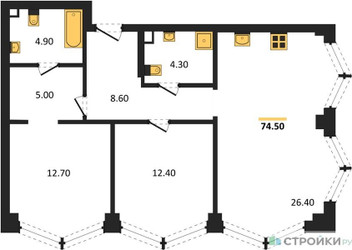 Планировка двухкомнатной(квартира) площадью 73.5 квадратных метров в ЖК “ЖК ЗИЛАРТ”