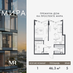 Планировка однокомнатной(квартира) площадью 46.29 квадратных метров в ЖК “Дом премиум-класса МИРА”
