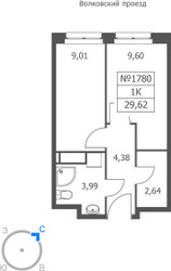 Планировка однокомнатной(апартаменты) площадью 29.62 квадратных метров в ЖК “ЖК Волковская 67”