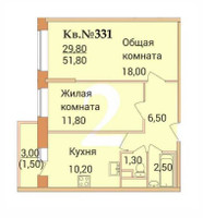 Планировка двухкомнатной(квартира) площадью 51.8 квадратных метров в “ЖК Дом у реки”