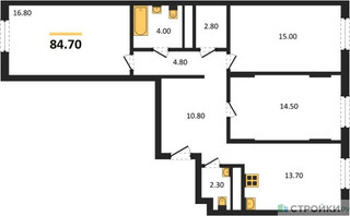 Планировка трехкомнатной(квартира) площадью 84.7 квадратных метров в “ЖК Переделкино Ближнее”