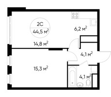 Планировка двухкомнатной(квартира) площадью 44.5 квадратных метров в “ЖК Переделкино Ближнее”