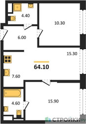 Планировка двухкомнатной(квартира) площадью 64.1 квадратных метров в ЖК “ЖК Sokolniki (Сокольники)”