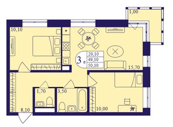 Планировка трехкомнатной(квартира) площадью 50.1 квадратных метров в ЖК “ЖК Героев”