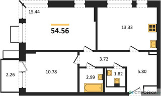 Планировка двухкомнатной(квартира) площадью 54.56 квадратных метров в “ЖК Егорово Парк”