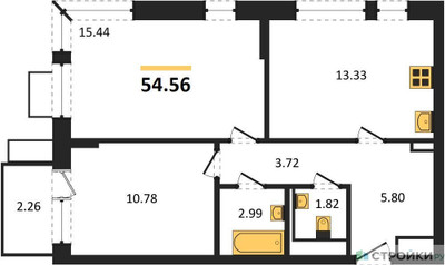 Планировка двухкомнатной(квартира) площадью 54.56 квадратных метров в ЖК “ЖК Егорово Парк”
