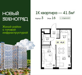 Планировка однокомнатной(квартира) площадью 41.5 квадратных метров в ЖК “ЖК Новый Зеленоград”