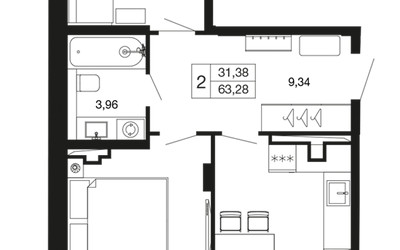 Планировка двухкомнатной(квартира) площадью 63.28 квадратных метров в ЖК “ЖК Времена года”