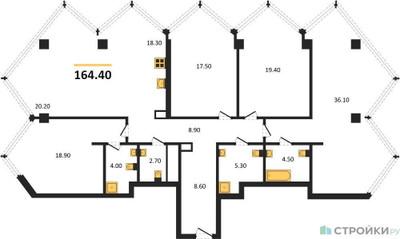 Планировка 4+ комнатной(квартира) площадью 164.4 квадратных метров в ЖК “ЖК Монблан”
