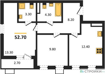 Планировка двухкомнатной(квартира) площадью 52.7 квадратных метров в ЖК “ЖК Деснаречье”