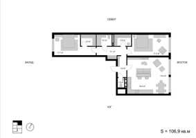 Планировка трехкомнатной(квартира) площадью 106.9 квадратных метров в “ЖК Мытищи Сити”