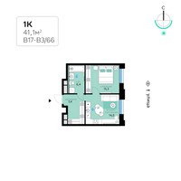 Планировка однокомнатной(квартира) площадью 41.1 квадратных метров в “СберСити в Рублево-Архангельском”