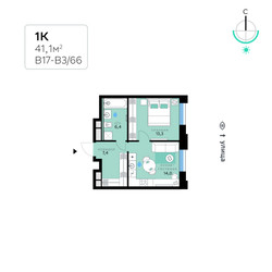 Планировка однокомнатной(квартира) площадью 41.1 квадратных метров в ЖК “СберСити в Рублево-Архангельском”