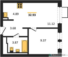 Планировка однокомнатной(квартира) площадью 32.93 квадратных метров в “ЖК Квартал Ивакино”