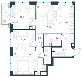 Планировка 4+ комнатной(квартира) площадью 80 квадратных метров в ЖК “ЖК Левел Звенигородская”