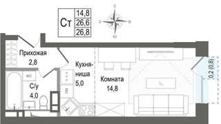 Планировка студии(квартира) площадью 26.6 квадратных метров в “ЖК КИНОКВАРТАЛ”