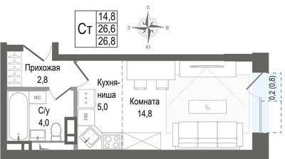 Планировка студии(квартира) площадью 26.6 квадратных метров в ЖК “ЖК КИНОКВАРТАЛ”