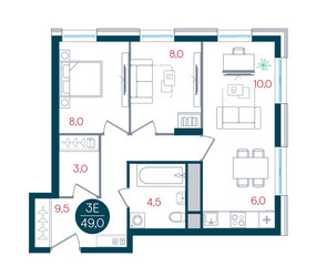Планировка трехкомнатной(квартира) площадью 49 квадратных метров в ЖК “ЖК РУСИЧ-Кантемировский”