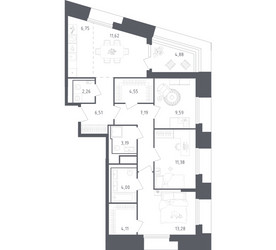 Планировка трехкомнатной(апартаменты) площадью 89.31 квадратных метров в ЖК “ЖК Скай Спутник”