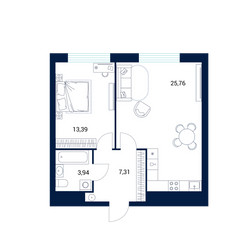 Планировка однокомнатной(апартаменты) площадью 50.4 квадратных метров в ЖК “МФК DIUS (Диус)”