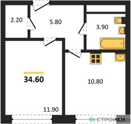 Планировка однокомнатной(квартира) площадью 34.6 квадратных метров в ЖК “ЖК Переделкино Ближнее”